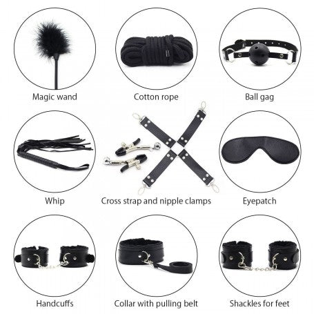TOP BONDAGE KIT FETISH CORDA MORSO COLLARE COSTRITTIVO NERO FRUSTA MANETTE CAVIGLIERE
